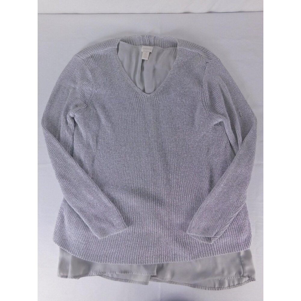 Chico's Sweater Womens 2 Silver Metallic V-Neck Knit Pullover Chiffon Hem